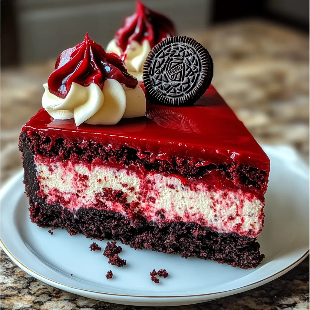 Decadent Red Velvet Oreo Cheesecake with Cream Cheese Frosting Swirls - tertiary view